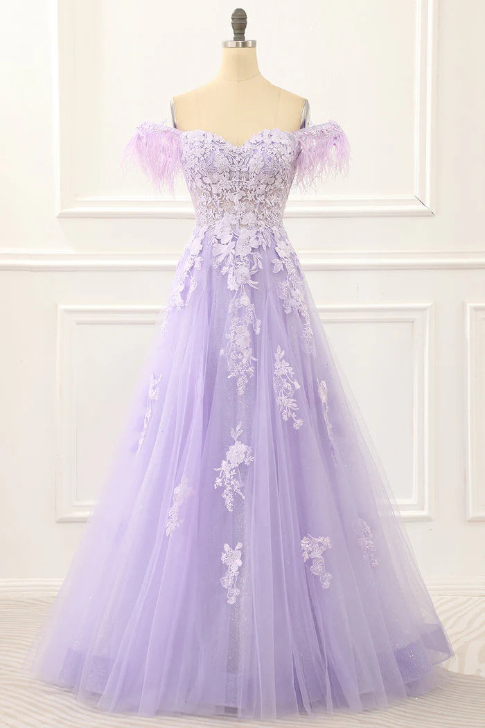 Robe Weitese A-Line à bretelles larges, robe longue violette avec appliques, robe de bal classique à lacets, robe de soirée